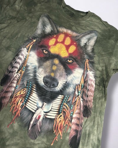 The Mountain Native Spirit Wolf Tee Olive Tie-Dye Size L
